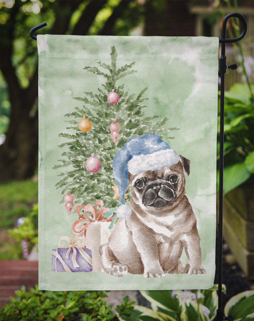 Pug Fawn Puppy Christmas Presents and Tree Garden Flag