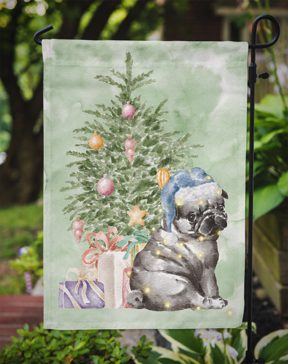 Pug Black Puppy Christmas Presents and Tree Garden Flag