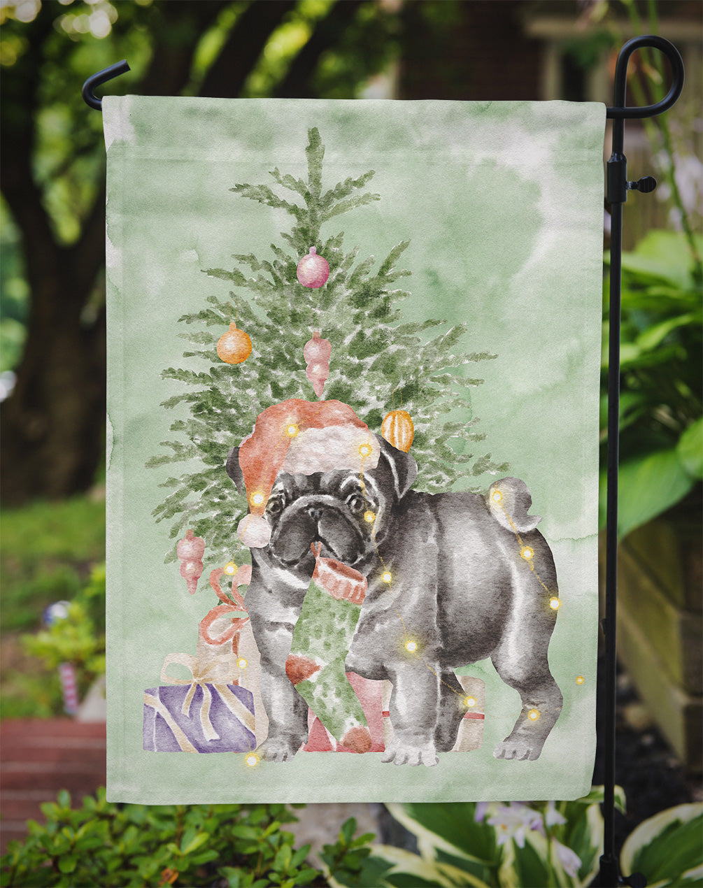 Pug Black #2 Christmas Presents and Tree Garden Flag