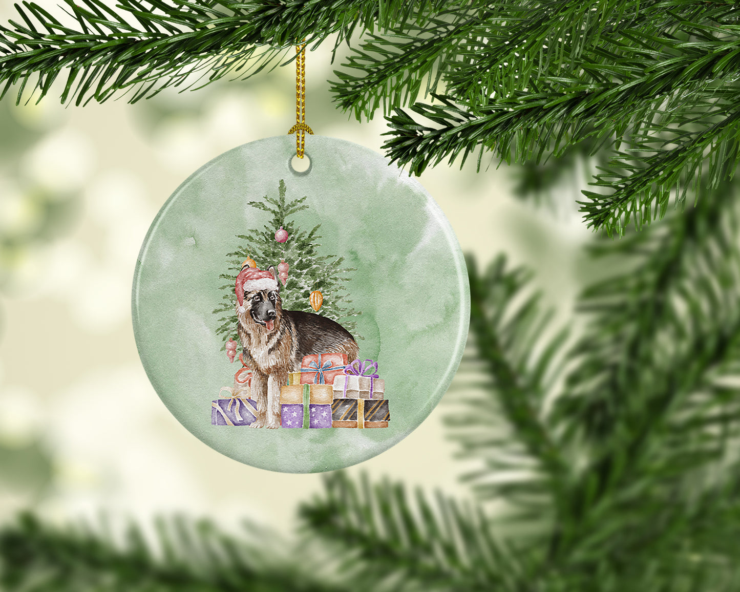 German Shepherd Christmas Presents and Tree Ceramic Ornament