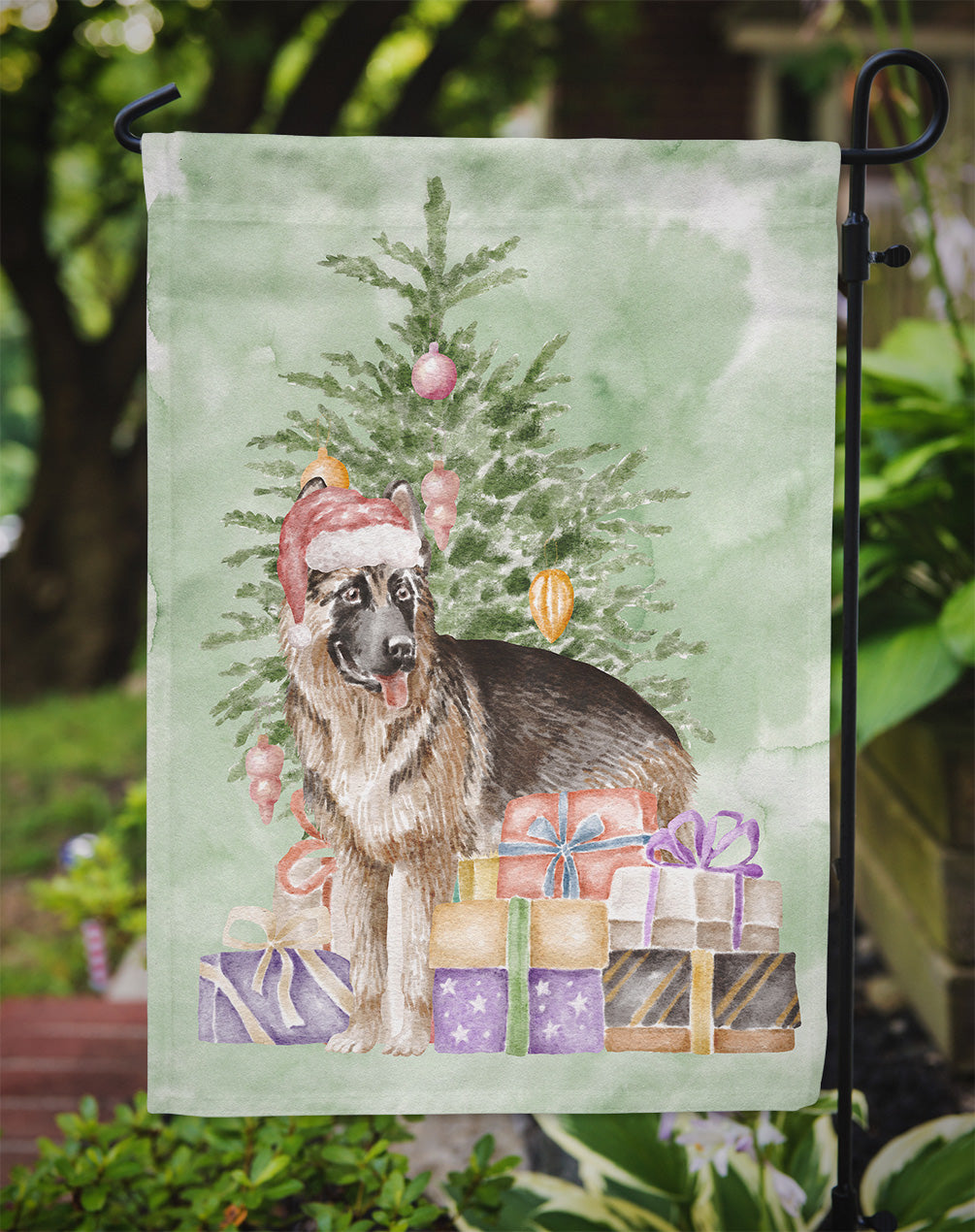 German Shepherd Christmas Presents and Tree Garden Flag