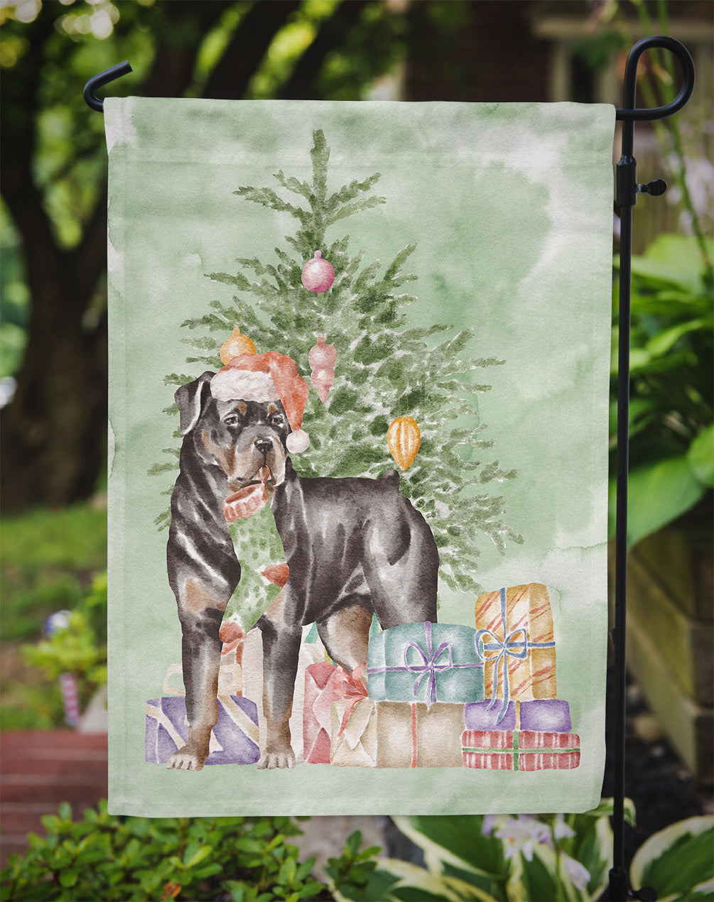 Rottweiler Christmas Presents and Tree Garden Flag