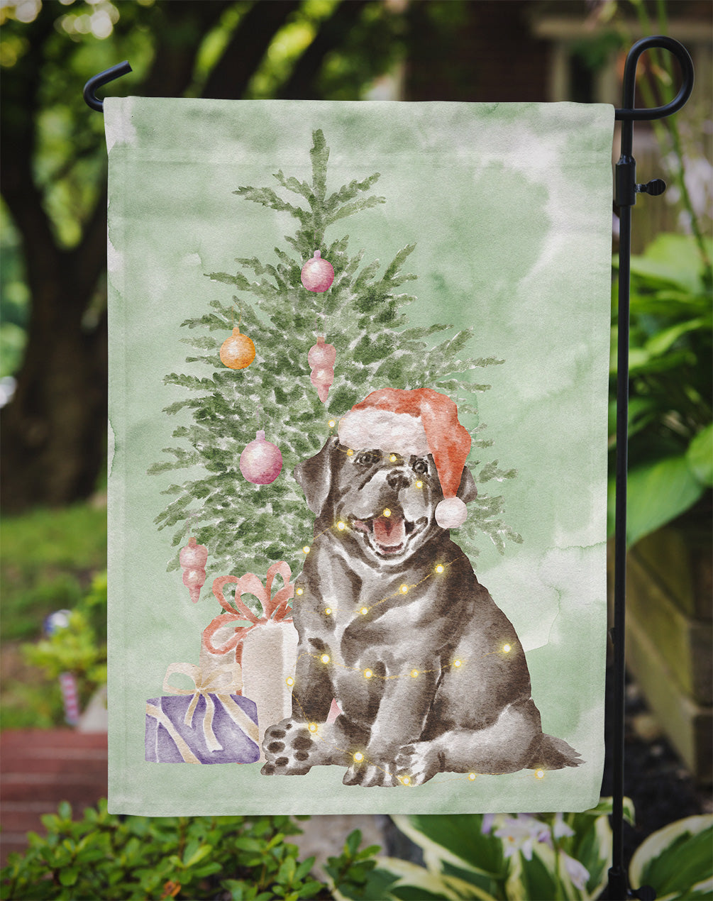 Labrador Retriever Black Puppy Christmas Presents and Tree Garden Flag