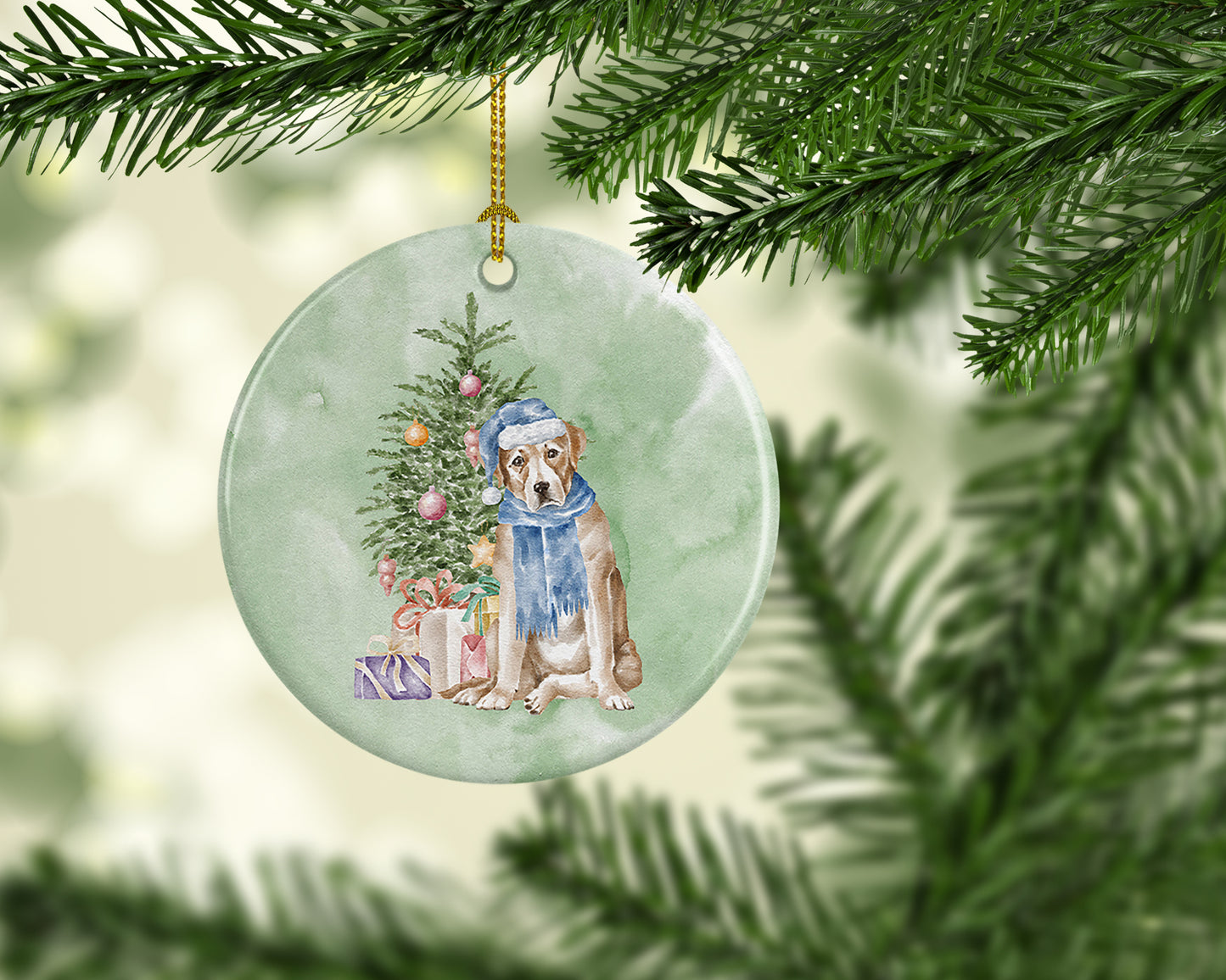 Labrador Retriever Yellow Christmas Presents and Tree Ceramic Ornament