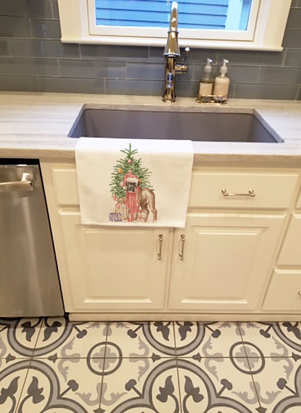Boxer Puppy Christmas Presents and Tree Kitchen Towel Set of 2