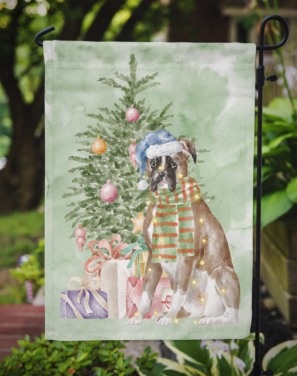 Boxer Christmas Presents and Tree Garden Flag