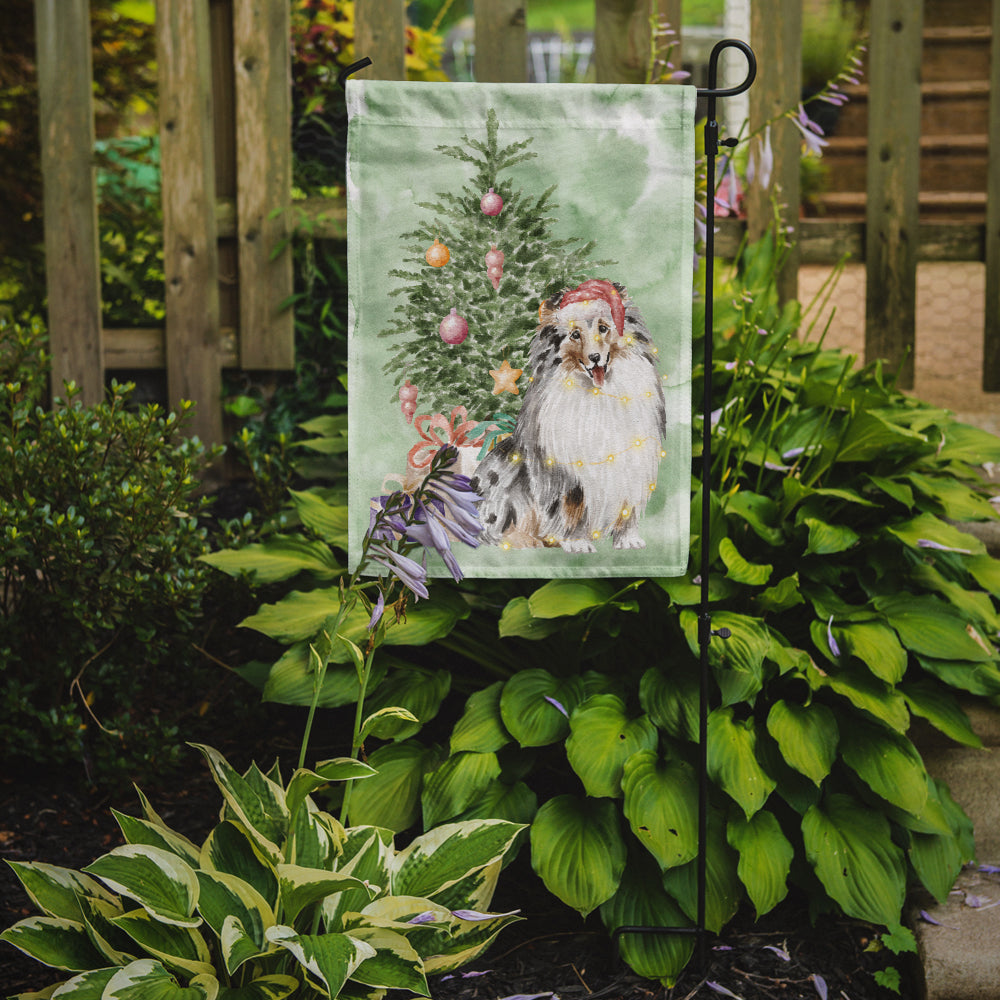 Sheltie Merle Christmas Presents and Tree Garden Flag