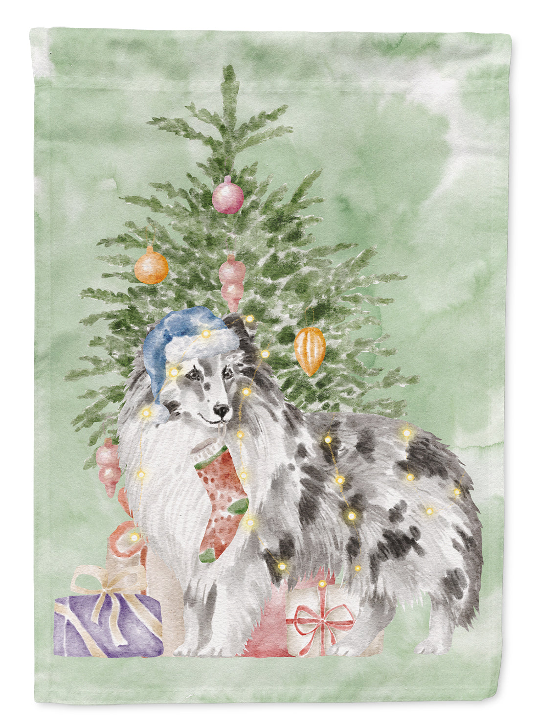 Buy this Sheltie Blue Merle Christmas Presents and Tree Garden Flag