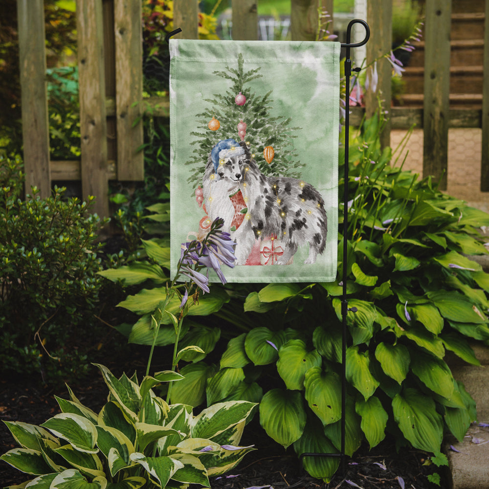 Sheltie Blue Merle Christmas Presents and Tree Garden Flag