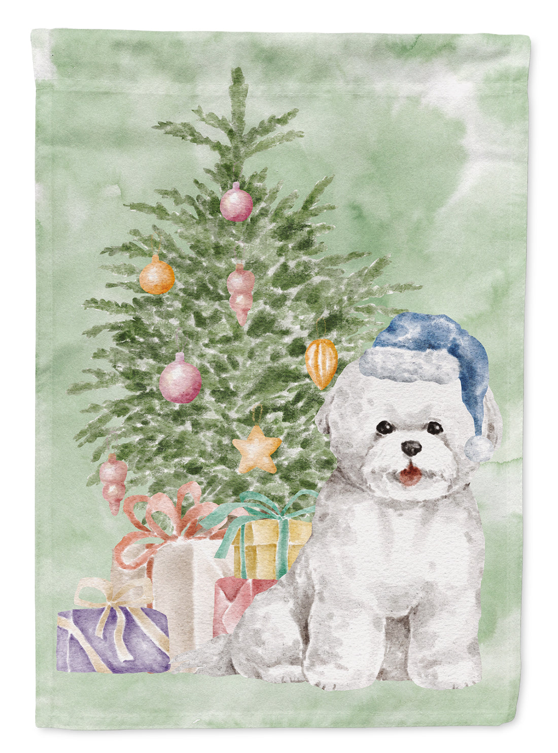 Buy this Bichon Frise Blue Hat Christmas Presents and Tree Garden Flag