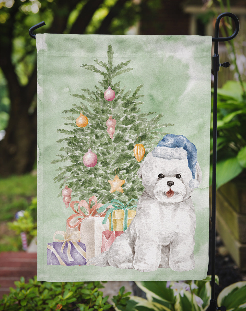 Bichon Frise Blue Hat Christmas Presents and Tree Garden Flag