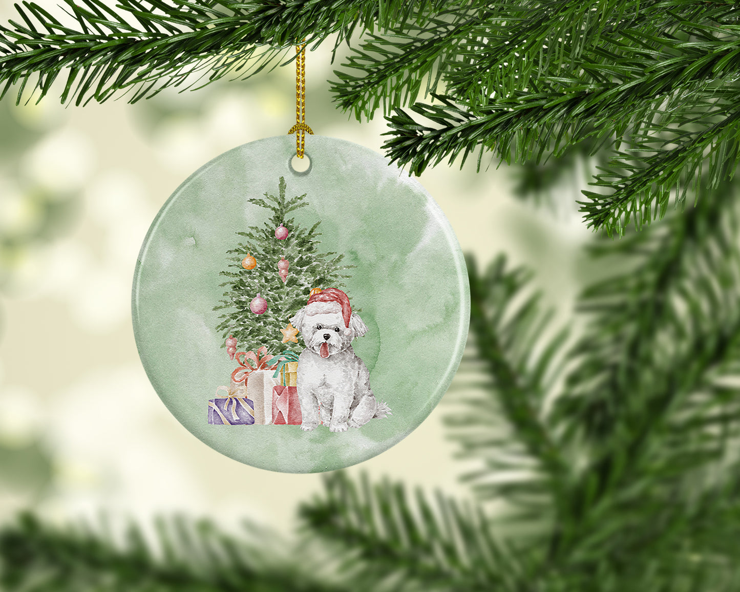 Bichon Frise Puppy Christmas Presents and Tree Ceramic Ornament