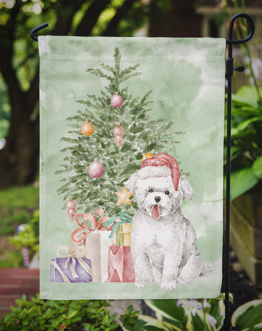 Bichon Frise Puppy Christmas Presents and Tree Garden Flag