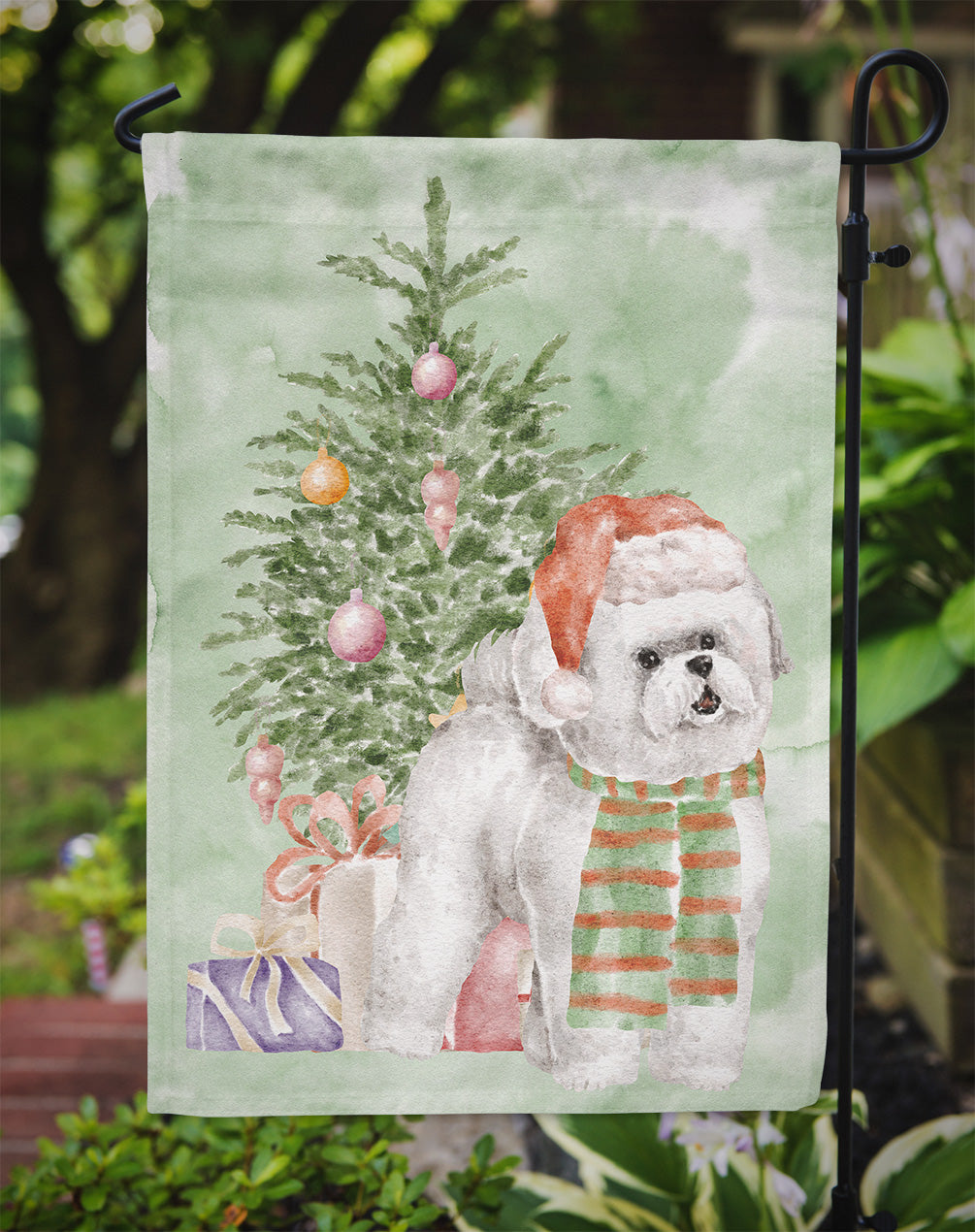 Bichon Frise Red Hat Christmas Presents and Tree Garden Flag