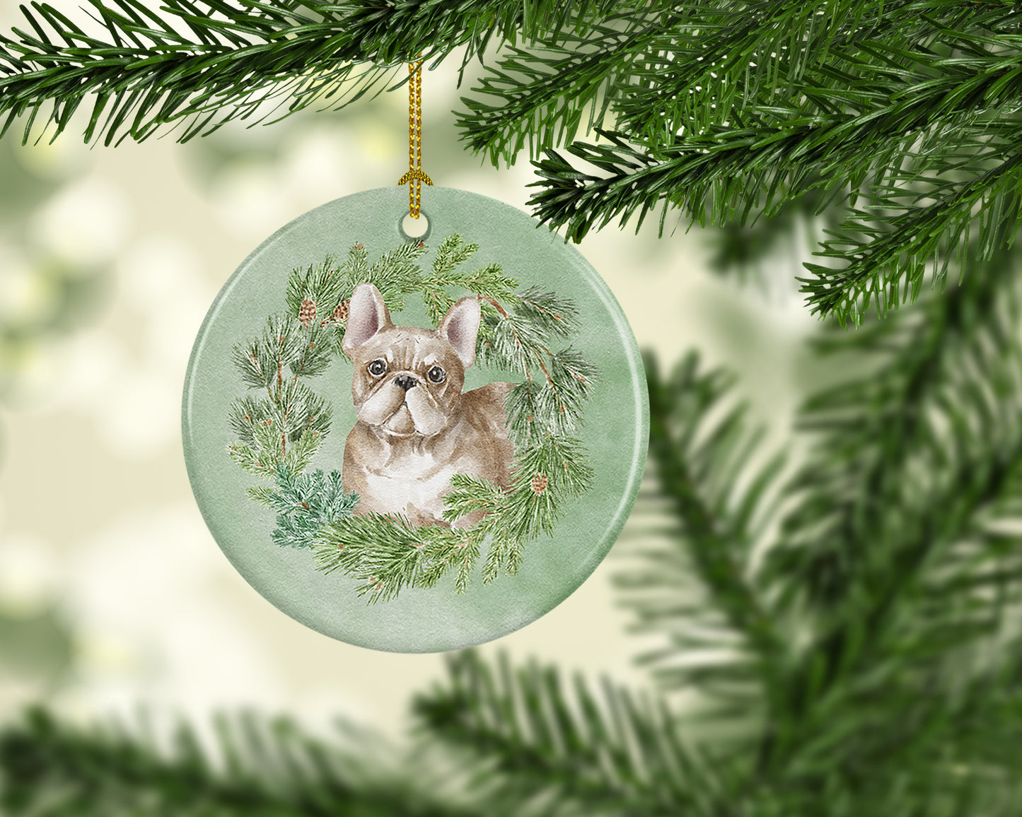 French Bulldog Fawn Christmas Wreath Ceramic Ornament