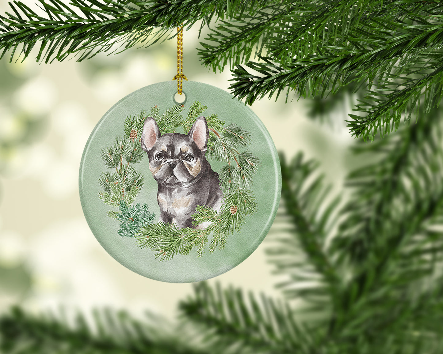 French Bulldog Puppy Black Christmas Wreath Ceramic Ornament