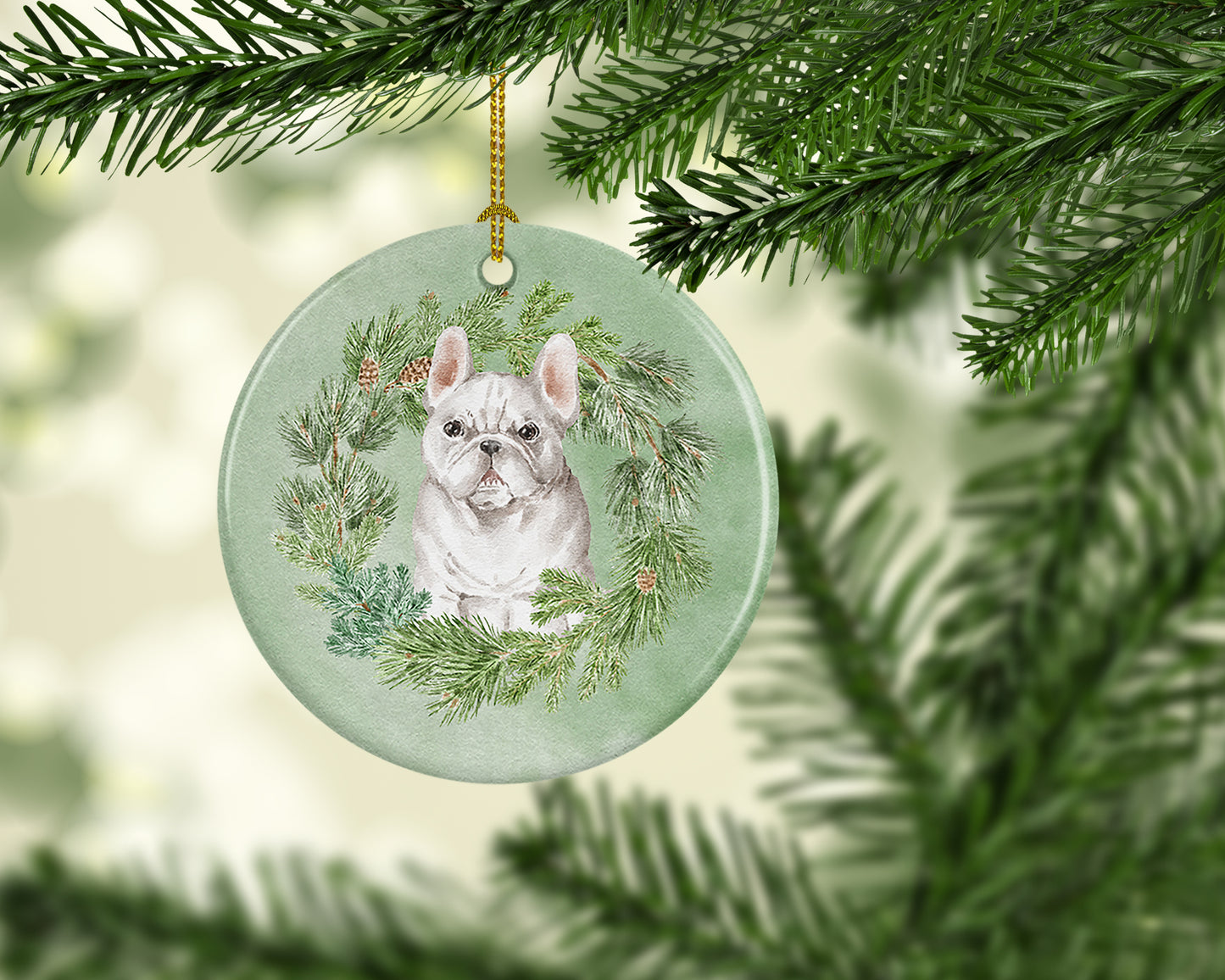 French Bulldog White Christmas Wreath Ceramic Ornament