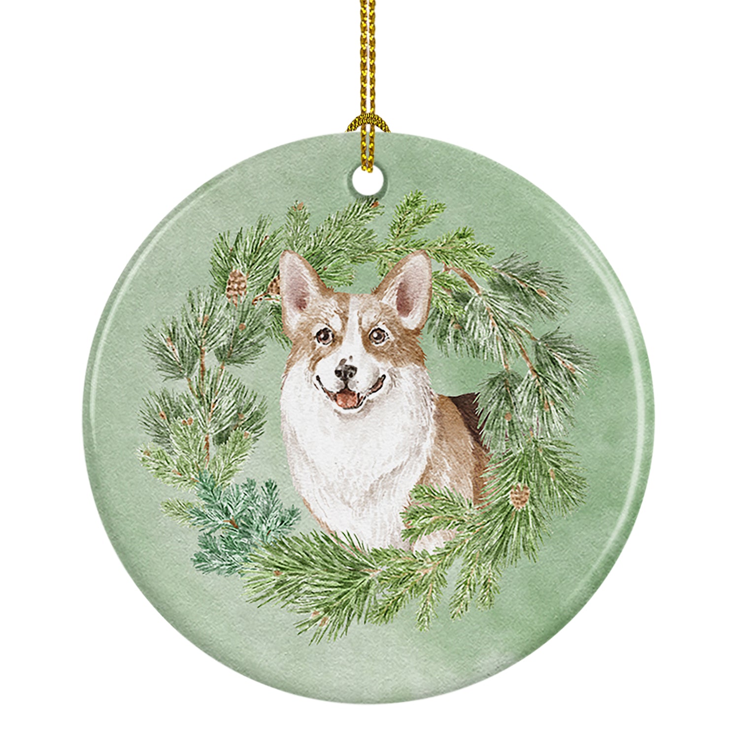 Buy this Corgi Tricolor Smiling Christmas Wreath Ceramic Ornament