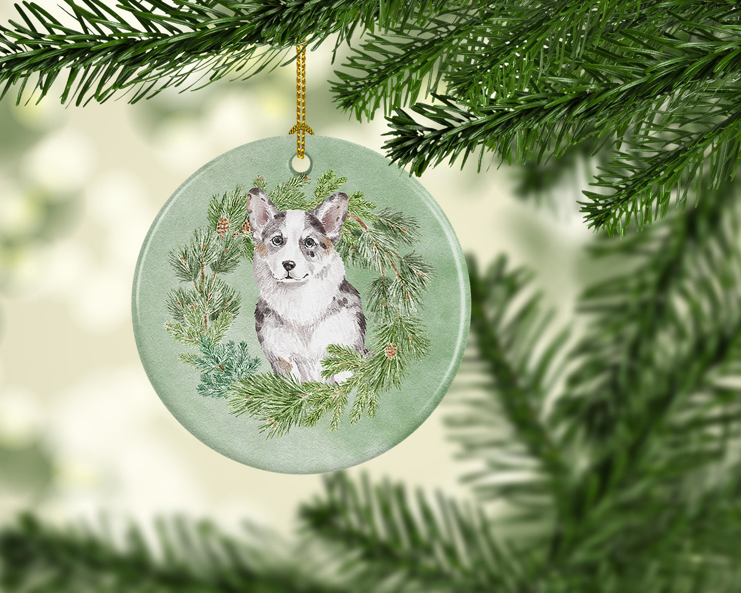 Corgi Blue Merle Christmas Wreath Ceramic Ornament