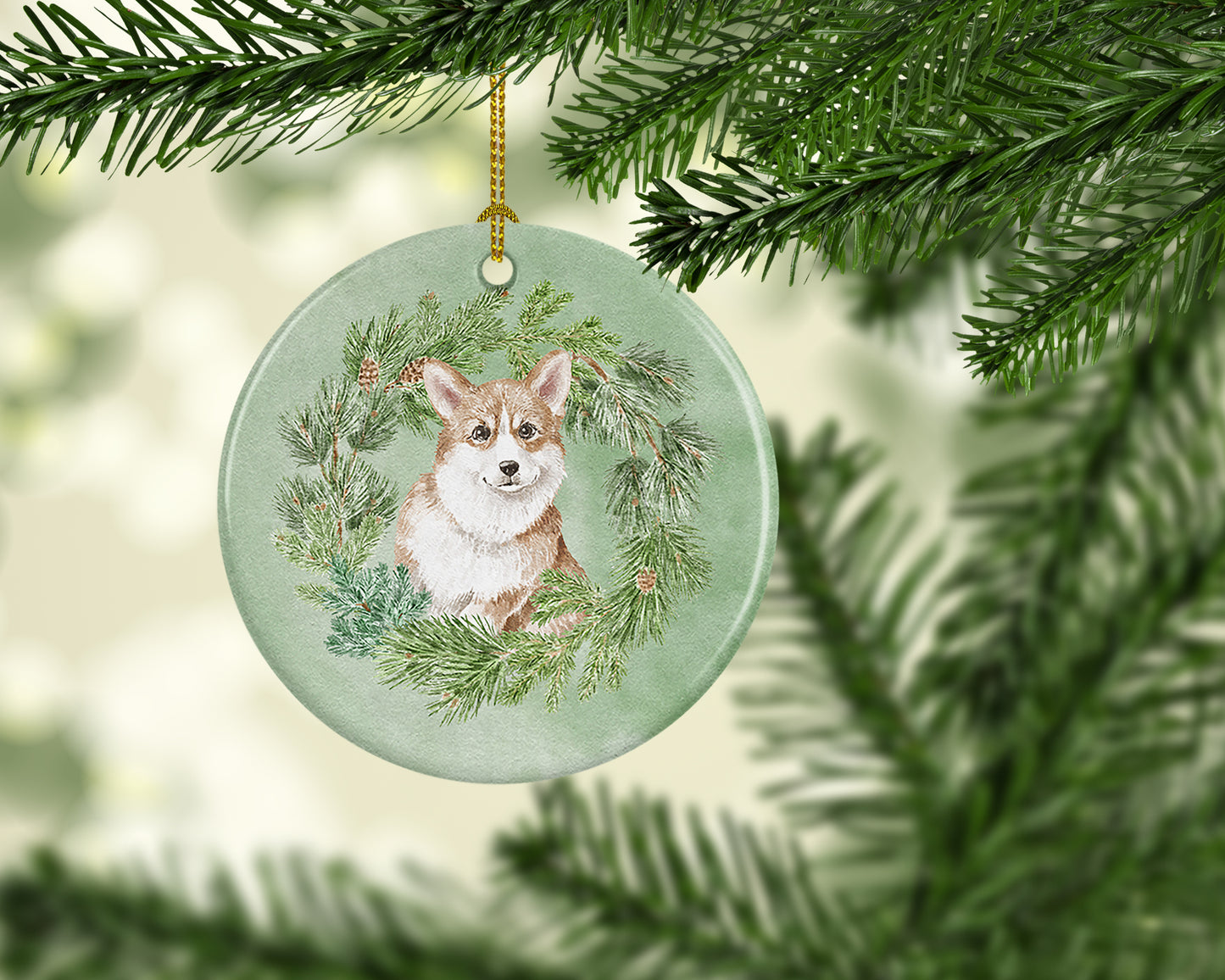 Corgi Red Christmas Wreath Ceramic Ornament