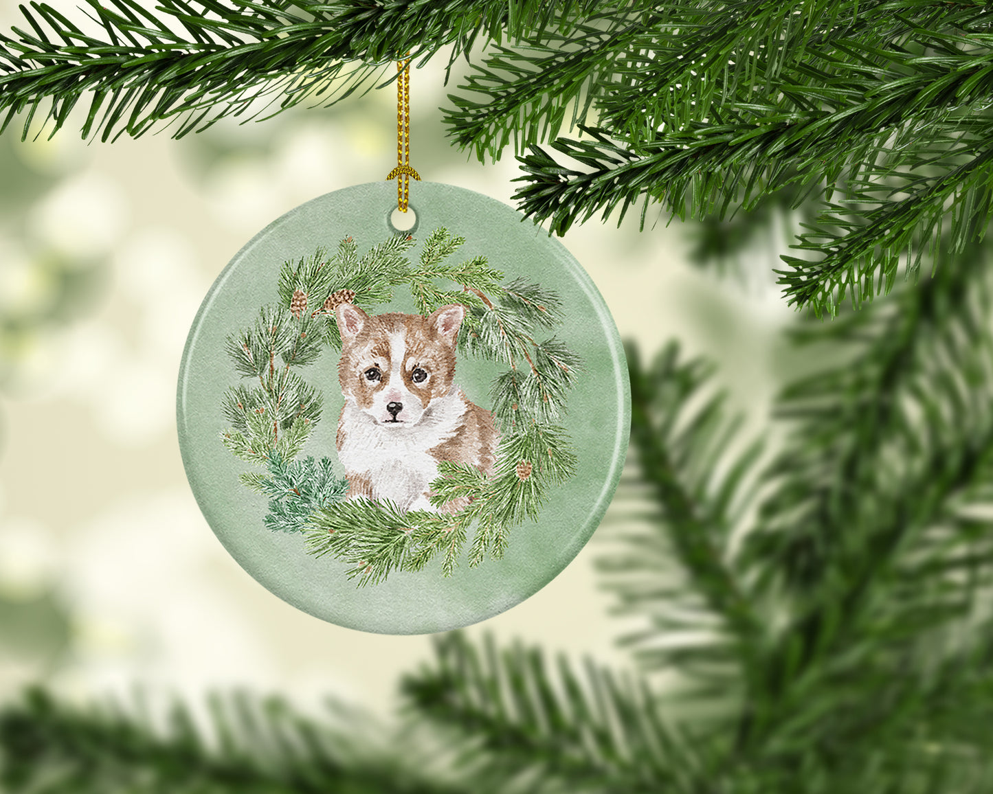 Corgi Puppy Red Christmas Wreath Ceramic Ornament