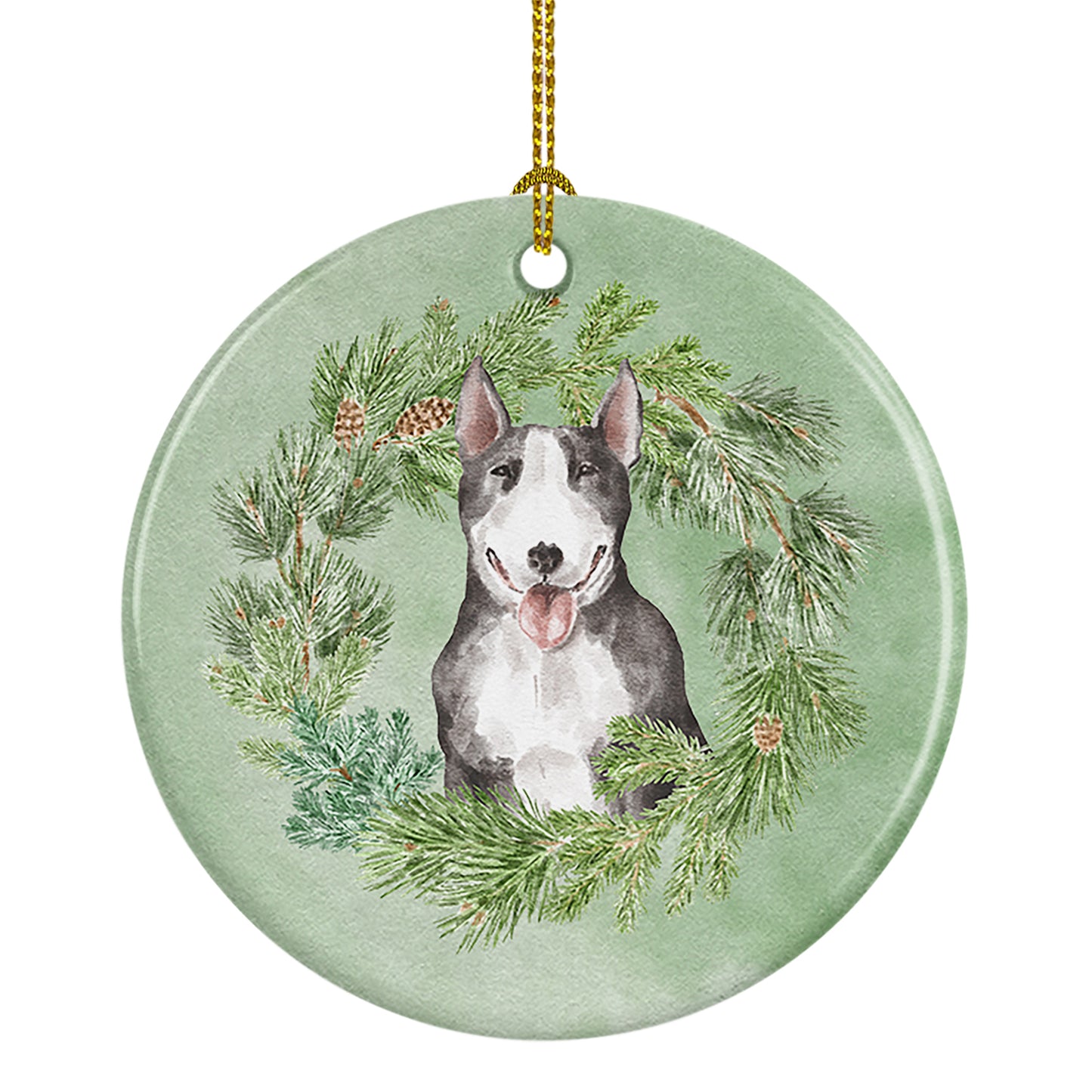 Buy this Bull Terrier Black and White Christmas Wreath Ceramic Ornament