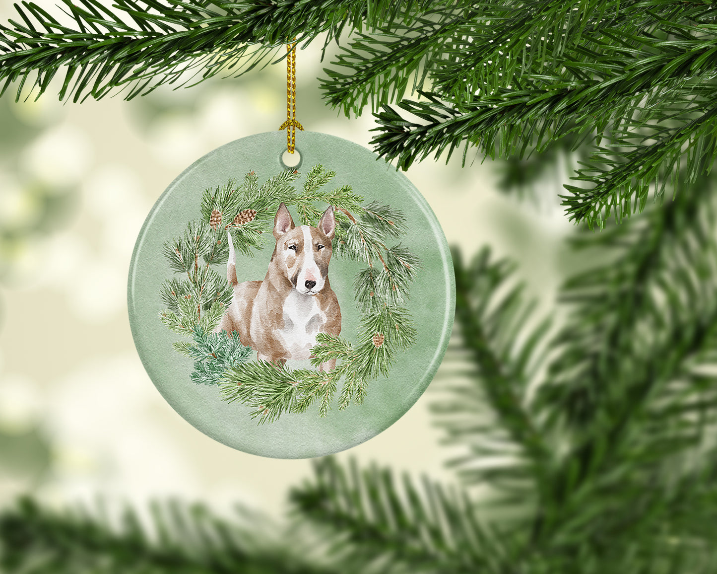 Bull Terrier Red and White Christmas Wreath Ceramic Ornament