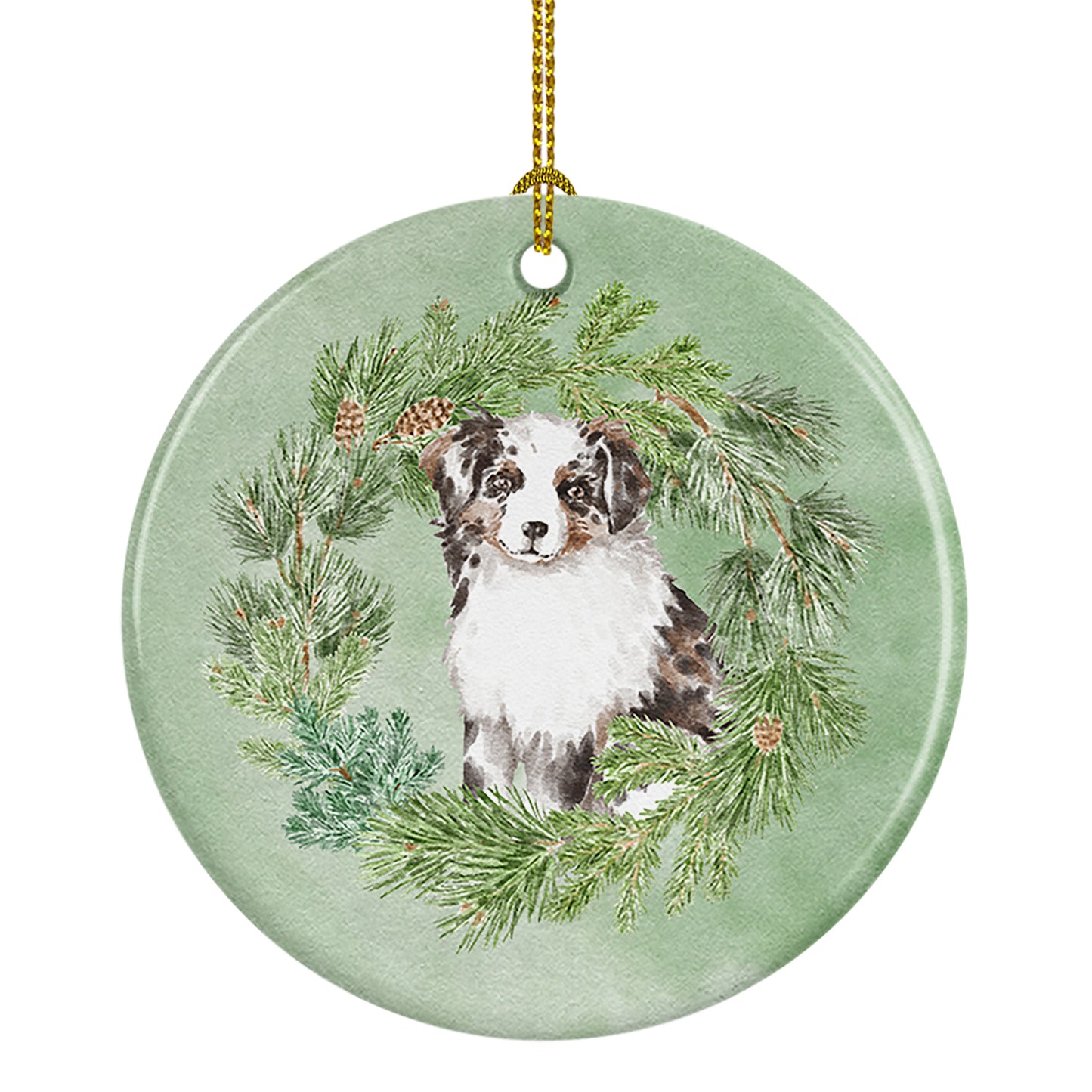 Buy this Australian Shepherd Puppy Blue Merle Christmas Wreath Ceramic Ornament