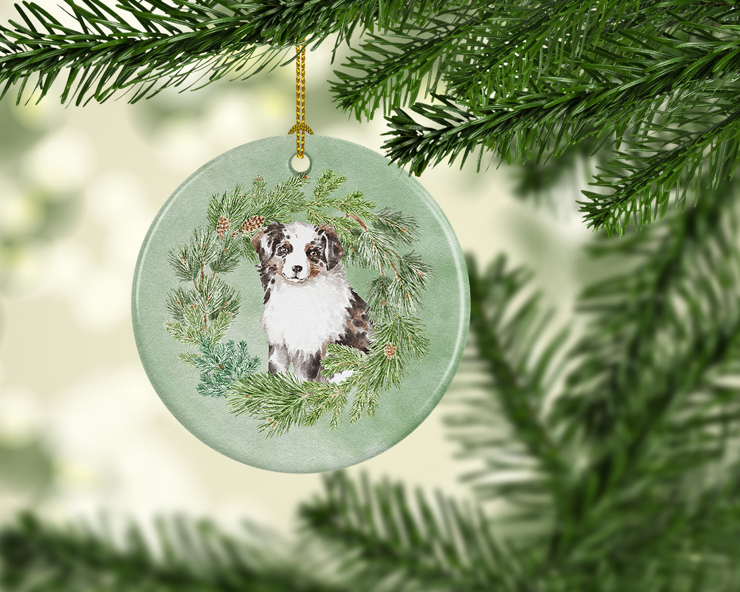 Australian Shepherd Puppy Blue Merle Christmas Wreath Ceramic Ornament