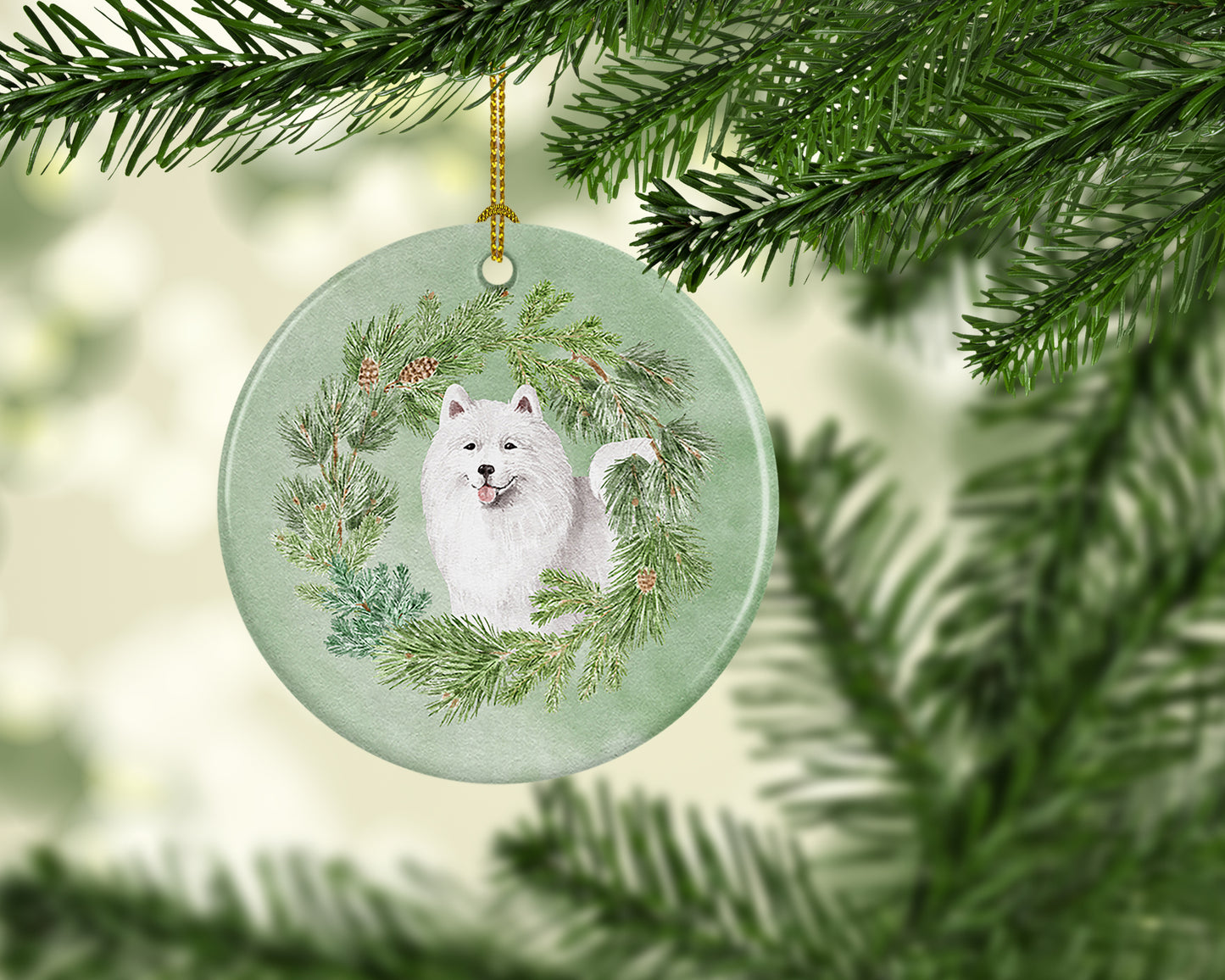 Samoyed Smiling Christmas Wreath Ceramic Ornament