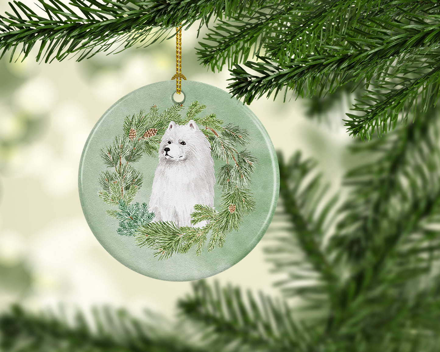 Samoyed Sitting Christmas Wreath Ceramic Ornament