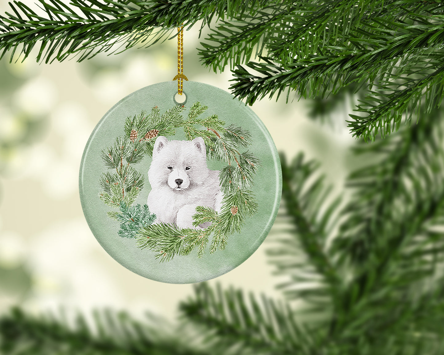 Samoyed Puppy Christmas Wreath Ceramic Ornament