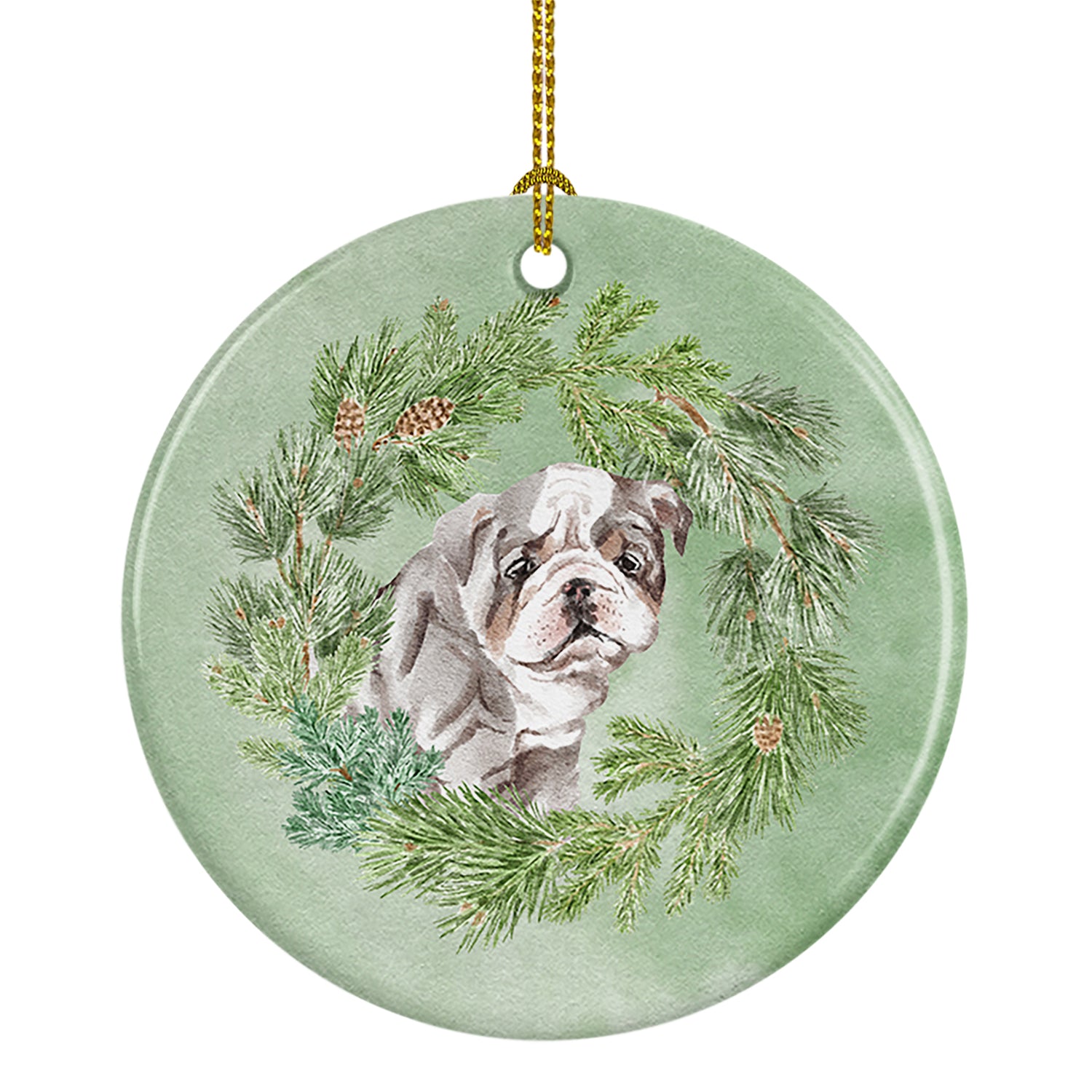 Buy this Bulldog Lilac Puppy Christmas Wreath Ceramic Ornament