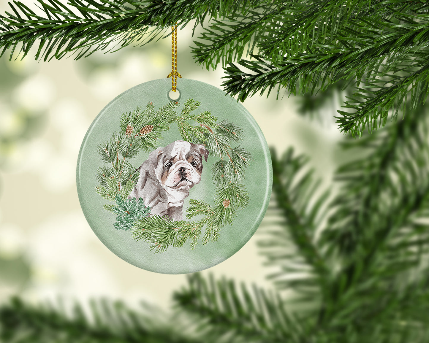 Bulldog Lilac Puppy Christmas Wreath Ceramic Ornament