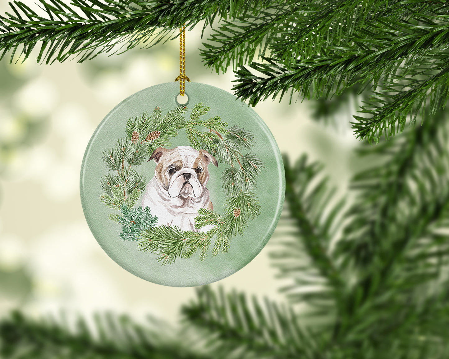 Bulldog Puppy Fawn Christmas Wreath Ceramic Ornament