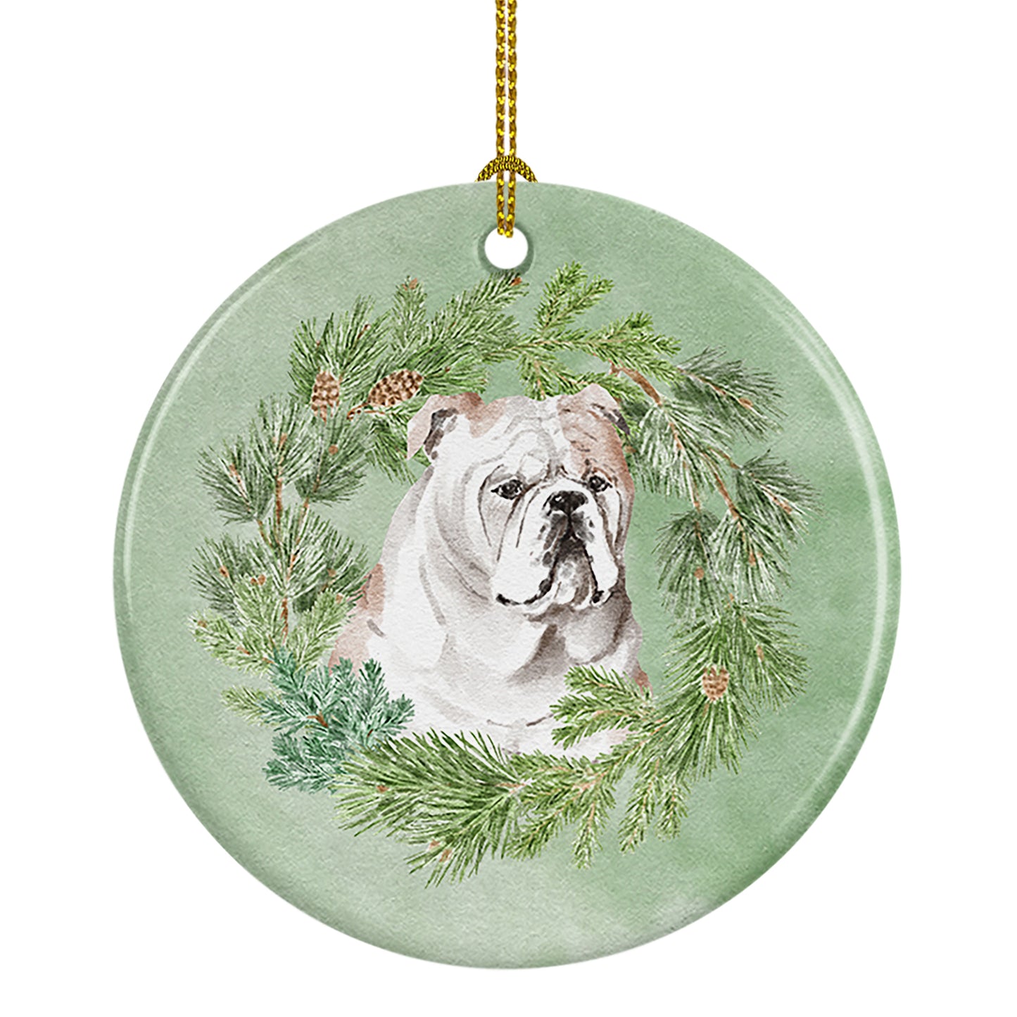 Buy this Bulldog Fawn Christmas Wreath Ceramic Ornament