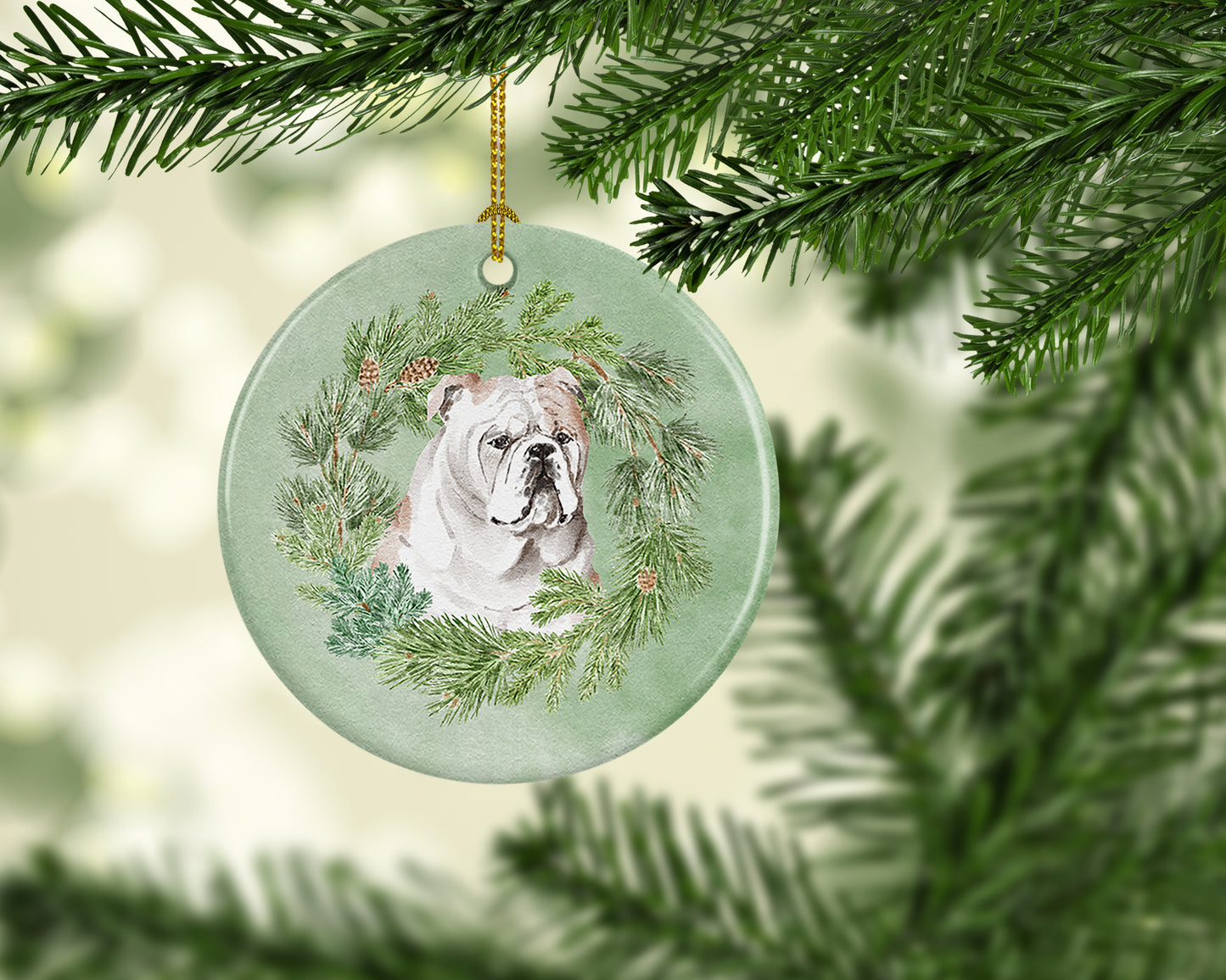 Bulldog Fawn Christmas Wreath Ceramic Ornament