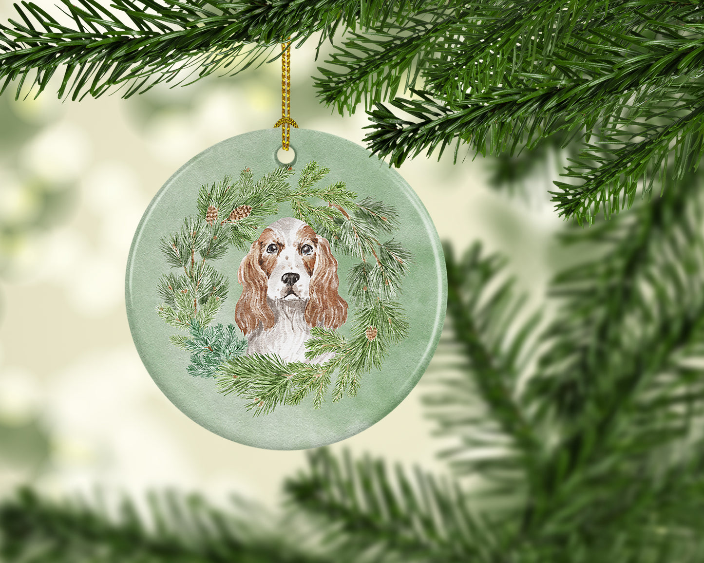 Cocker Spaniel Red and White Christmas Wreath Ceramic Ornament