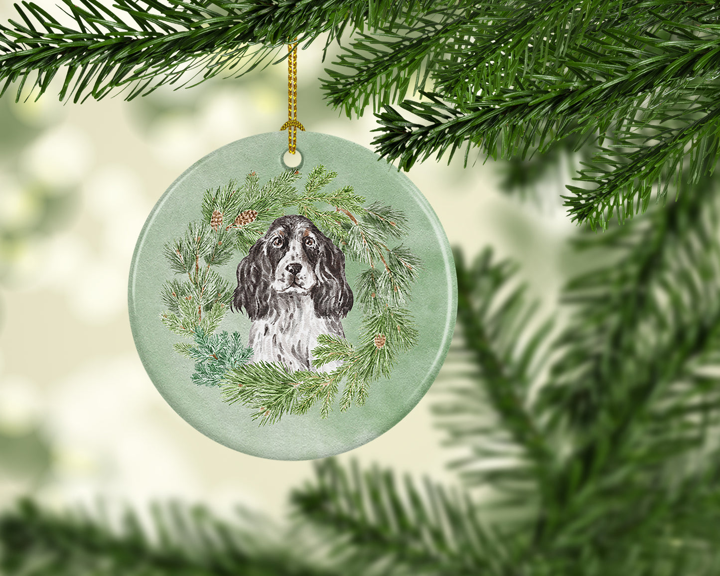 Cocker Spaniel Black and White Ticked Christmas Wreath Ceramic Ornament