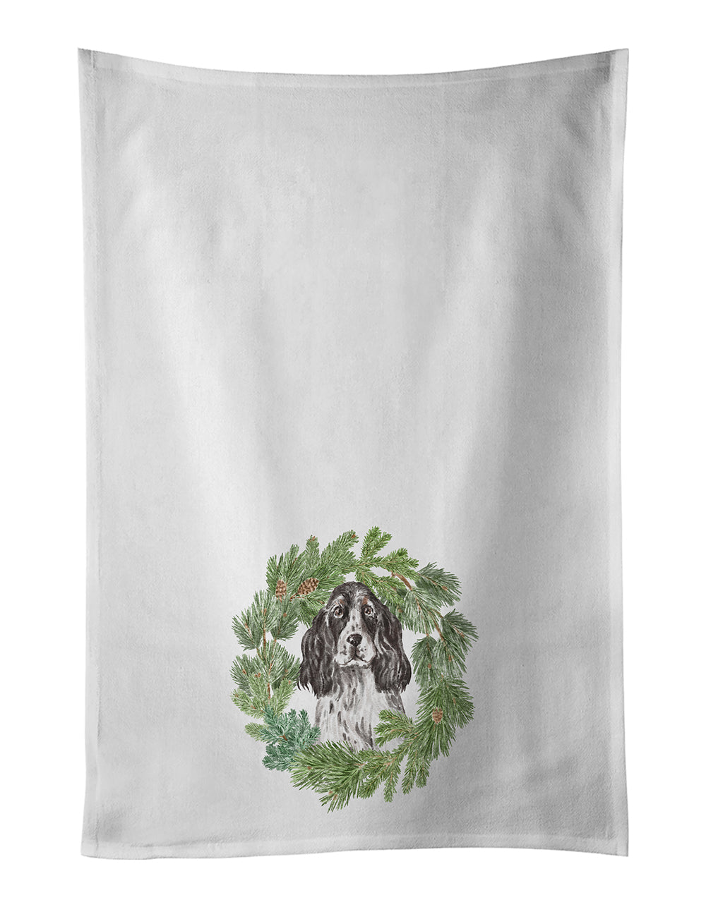 Buy this Cocker Spaniel Black and White Ticked Christmas Wreath Kitchen Towel Set of 2