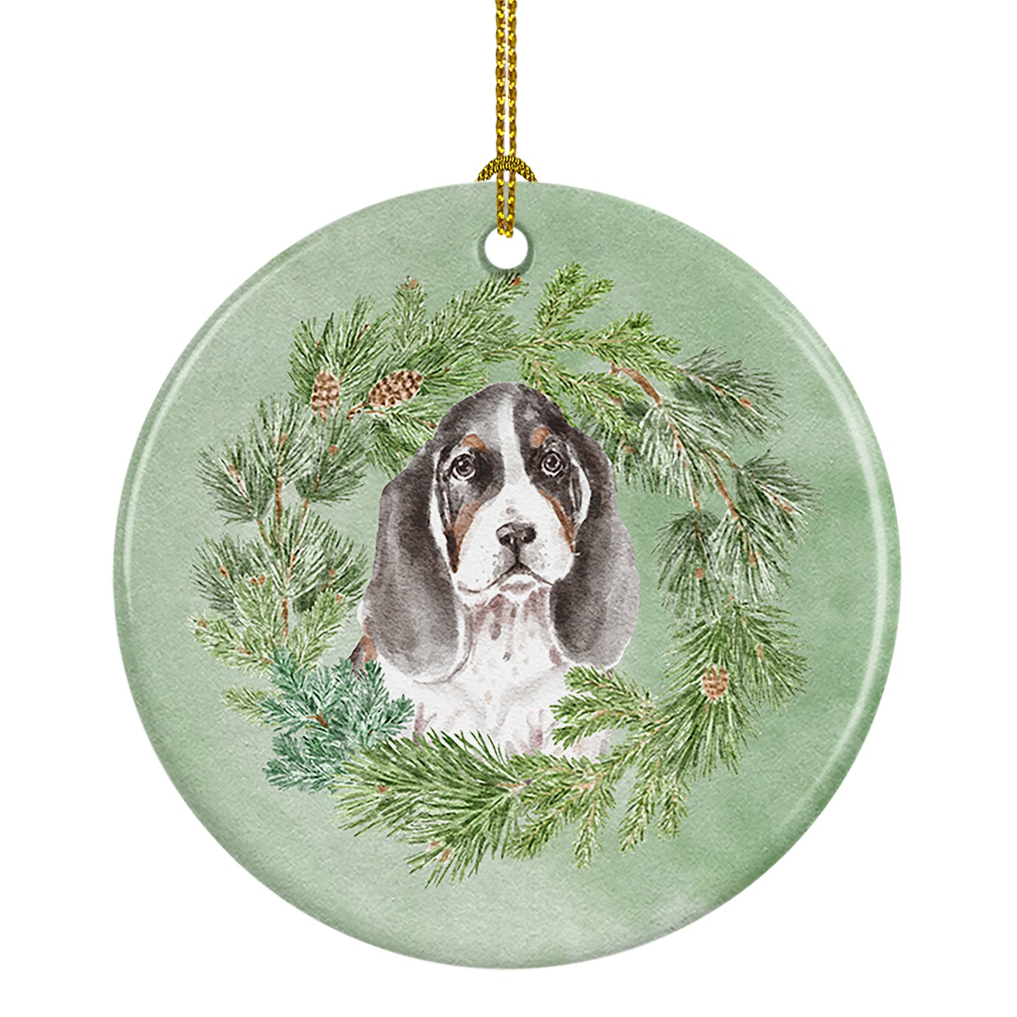 Buy this Basset Hound Puppy Tricolor Christmas Wreath Ceramic Ornament