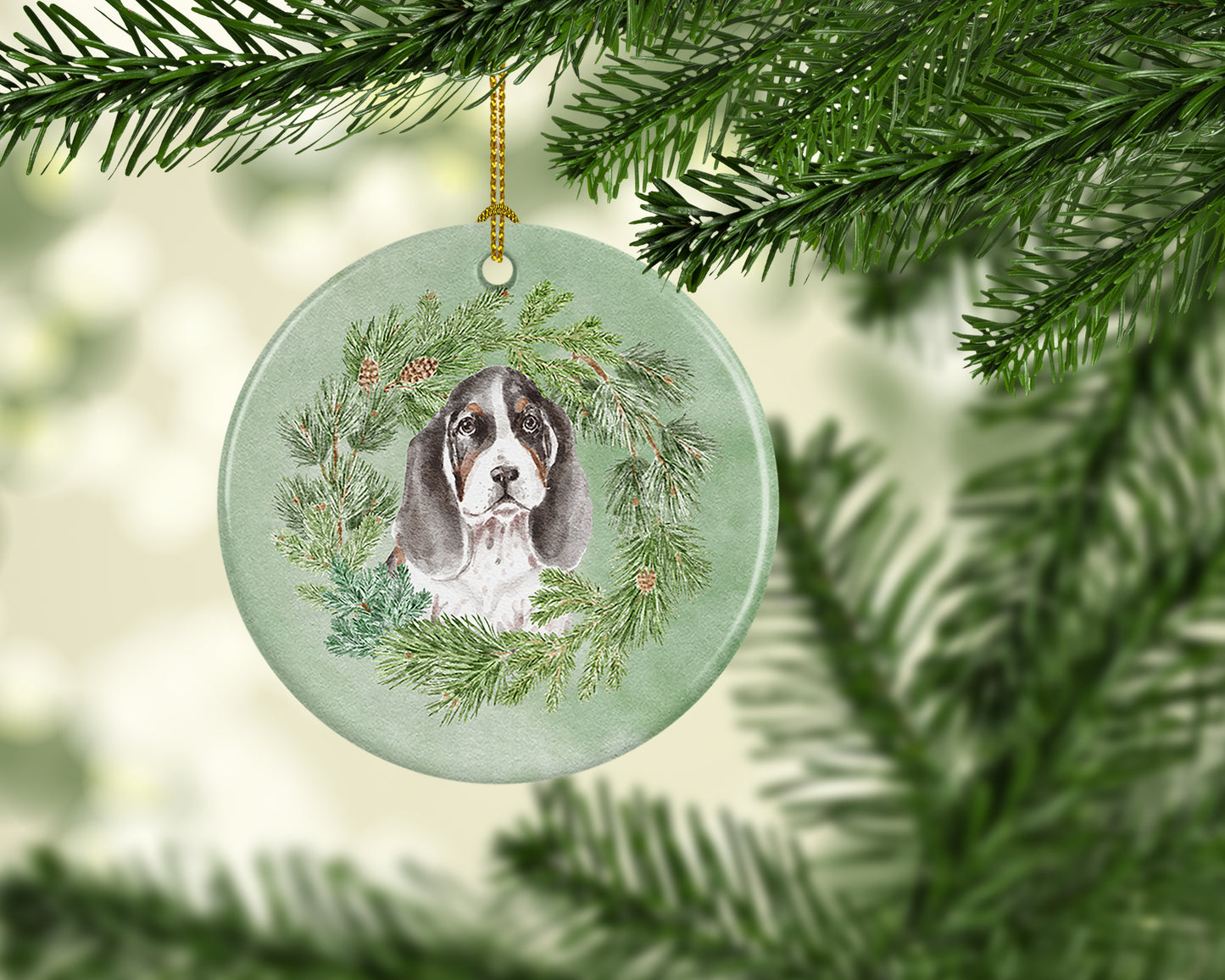 Basset Hound Puppy Tricolor Christmas Wreath Ceramic Ornament