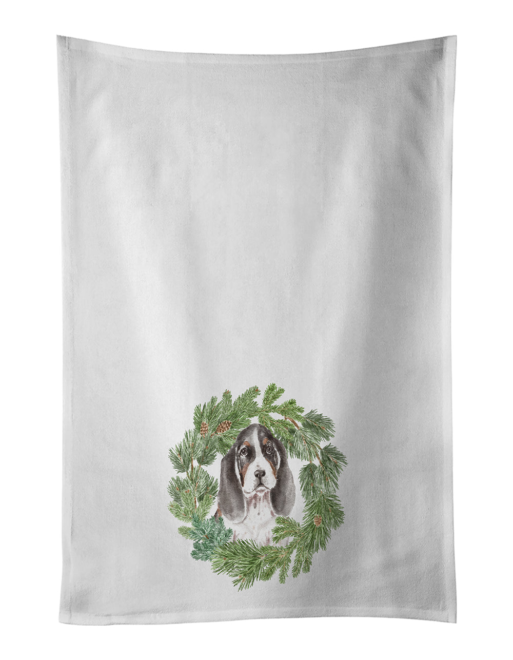 Buy this Basset Hound Puppy Tricolor Christmas Wreath Kitchen Towel Set of 2