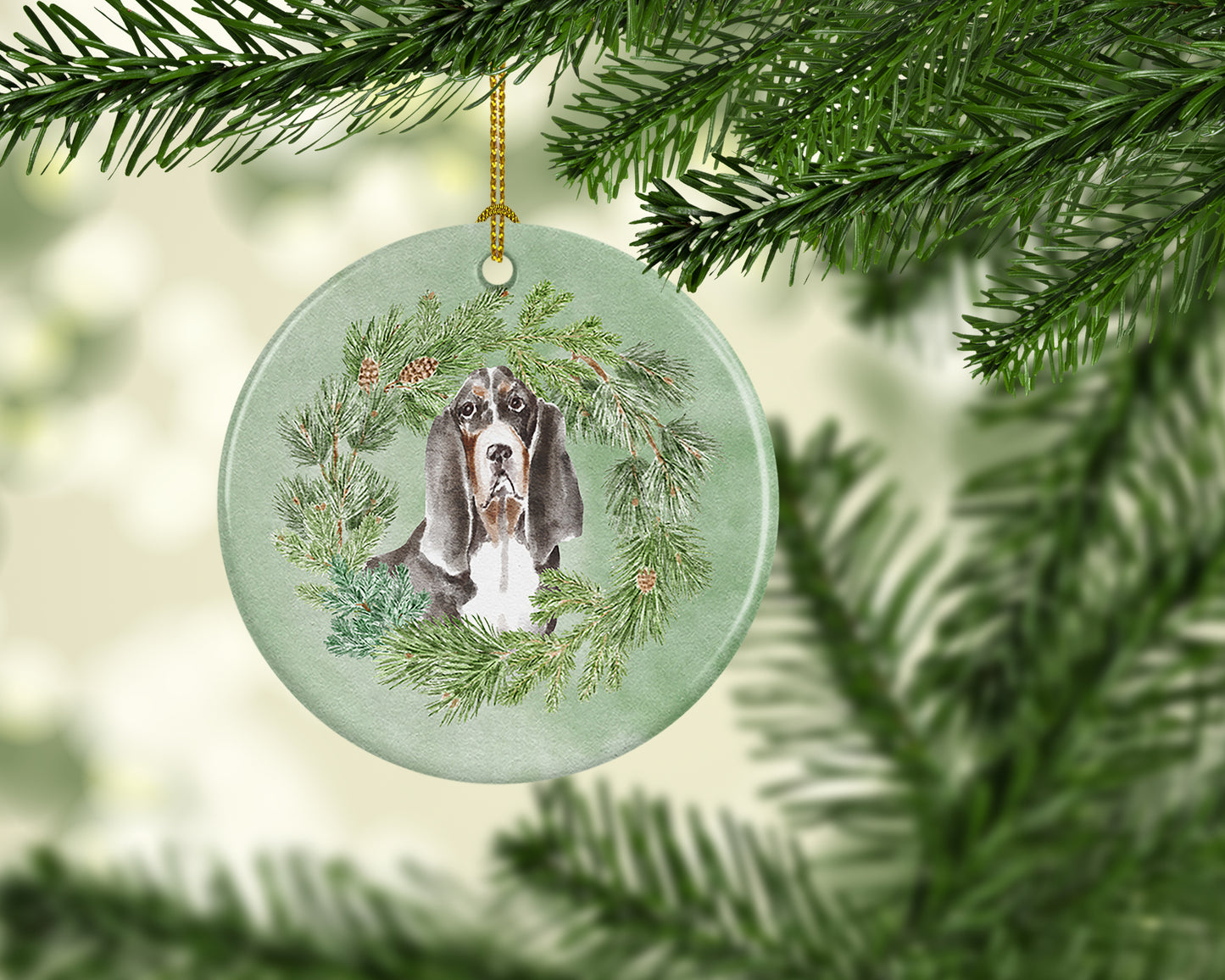 Basset Hound Black White Brown Christmas Wreath Ceramic Ornament