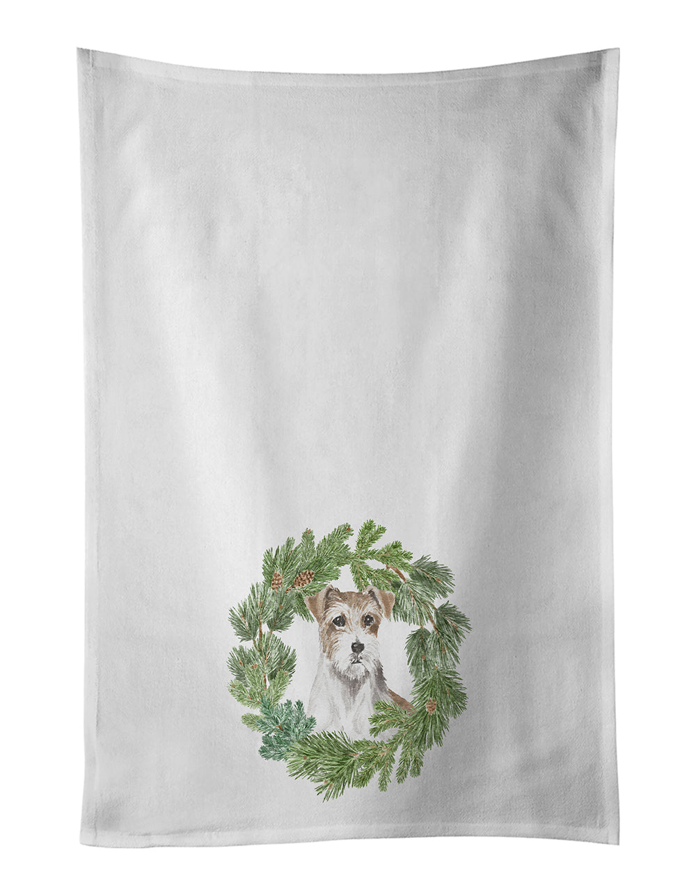 Buy this Jack Russell Terrier Chestnut and White Wirehaired Christmas Wreath Kitchen Towel Set of 2