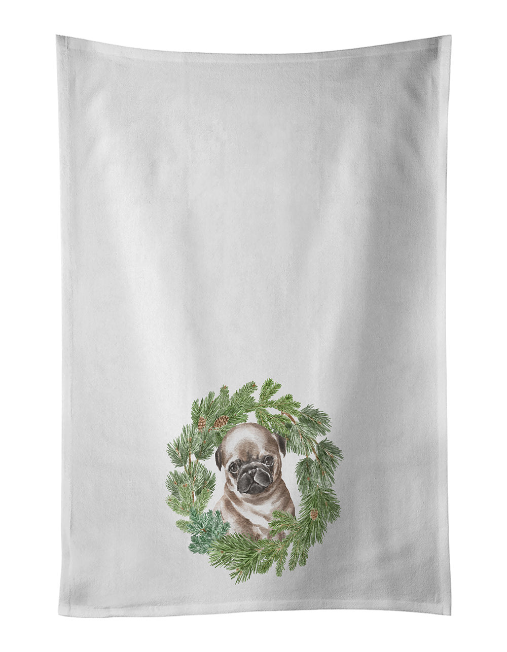 Buy this Pug Puppy Fawn Head Tilt Christmas Wreath Kitchen Towel Set of 2