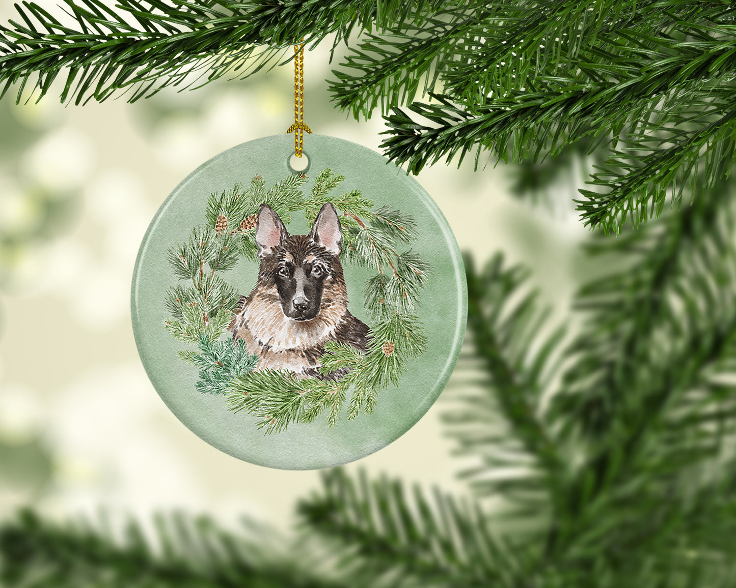 German Shepherd Christmas Wreath Ceramic Ornament