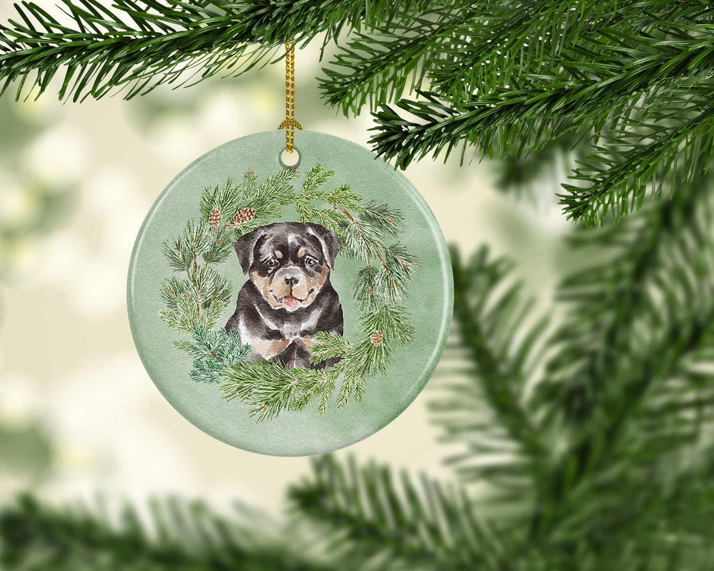 Rottweiler Puppy Christmas Wreath Ceramic Ornament