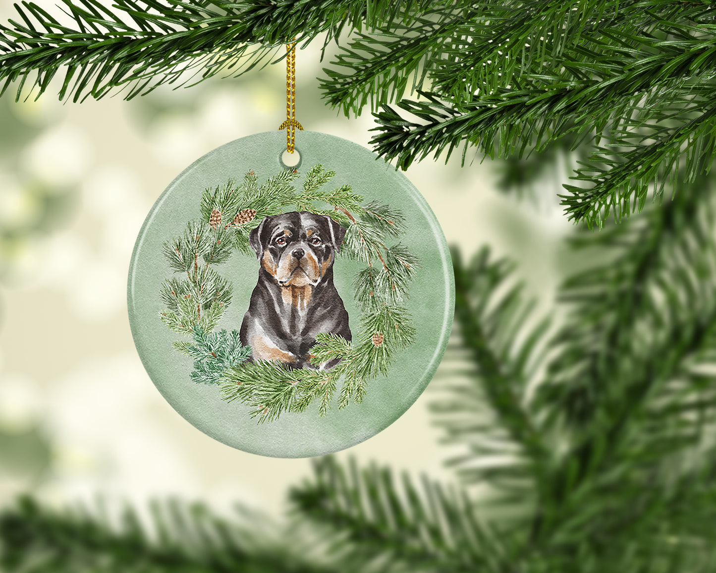 Rottweiler Sitting Tall Christmas Wreath Ceramic Ornament