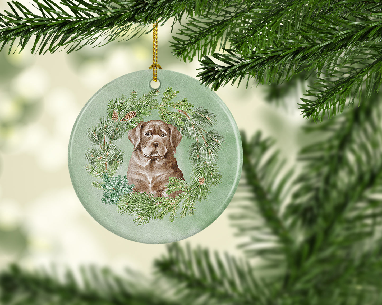 Labrador Retriever Puppy Chocolate Christmas Wreath Ceramic Ornament